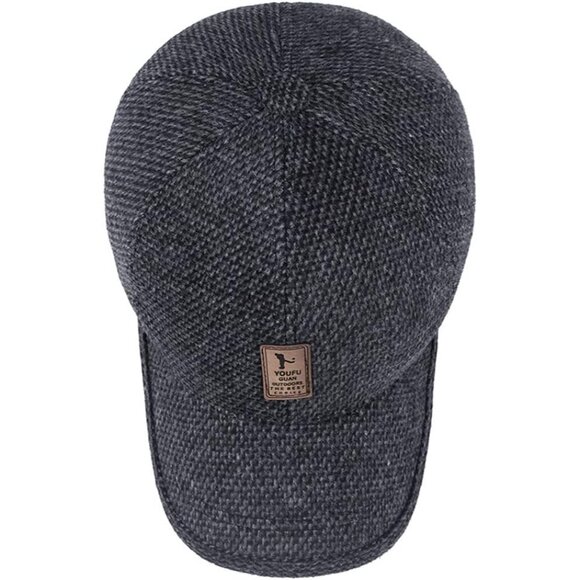 🆕 Men Black Baseball Cap Winter Warm Wool Tweed Peaked Fold Earmuff Jacket Hat - Picture 3 of 7